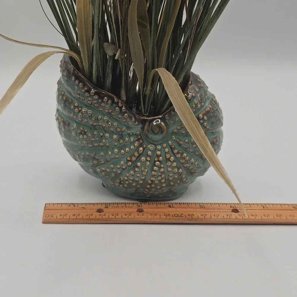 Nautilus Shell Ceramic Vase Teal Blue‎ Faux Grass Floral Arrangement Coastal